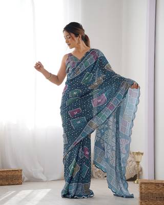 Women's Multicolor Chinon Print with Mirror Work Designer Saree with Blouse 2
