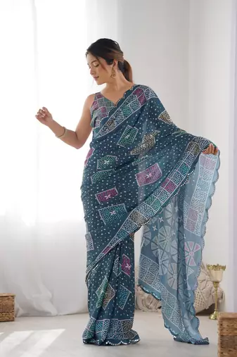 Women's Multicolor Chinon Print with Mirror Work Designer Saree with Blouse