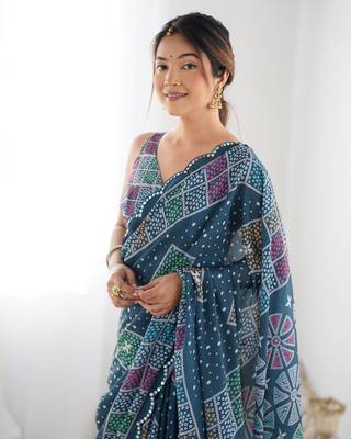 Women's Multicolor Chinon Print with Mirror Work Designer Saree with Blouse 3