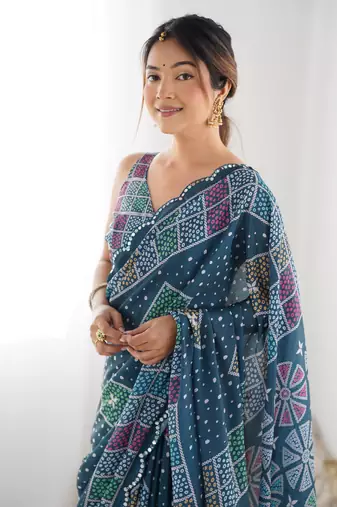 Women's Multicolor Chinon Print with Mirror Work Designer Saree with Blouse