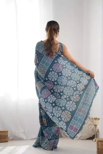 Women's Multicolor Chinon Print with Mirror Work Designer Saree with Blouse