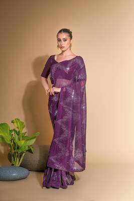 Women's Wine Georgette Sequins Embroidered Designer Saree with Blouse 1