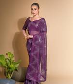 Women's Wine Georgette Sequins Embroidered Designer Saree with Blouse