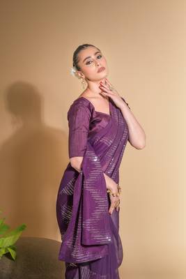 Women's Wine Georgette Sequins Embroidered Designer Saree with Blouse 2