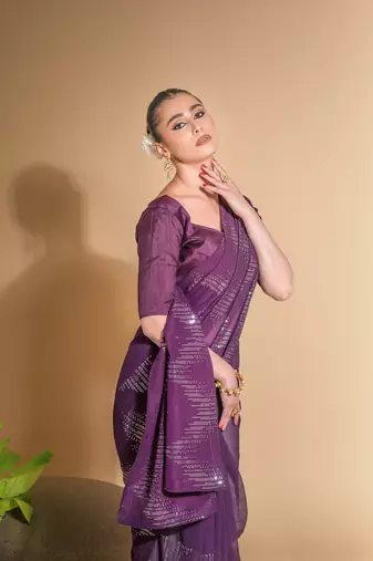 Women's Wine Georgette Sequins Embroidered Designer Saree with Blouse