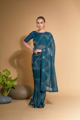 Women's More Peach Georgette Sequins Embroidered Designer Saree with Blouse 1