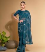 Women's More Peach Georgette Sequins Embroidered Designer Saree with Blouse