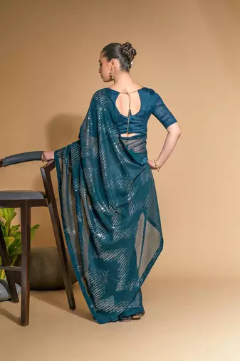 Women's More Peach Georgette Sequins Embroidered Designer Saree with Blouse