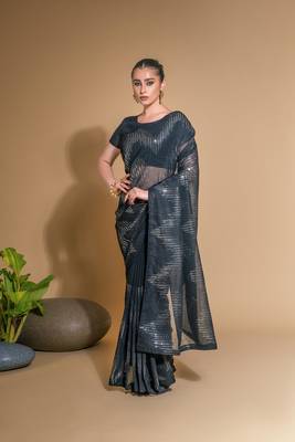 Women's Black Georgette Sequins Embroidered Designer Saree with Blouse 1