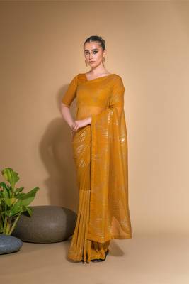Women's Mustard Georgette Sequins Embroidered Designer Saree with Blouse 1