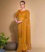 Women's Mustard Georgette Sequins Embroidered Designer Saree with Blouse