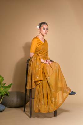 Women's Mustard Georgette Sequins Embroidered Designer Saree with Blouse 2
