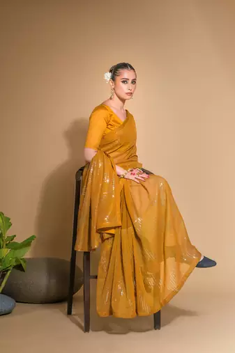 Women's Mustard Georgette Sequins Embroidered Designer Saree with Blouse