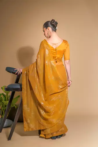 Women's Mustard Georgette Sequins Embroidered Designer Saree with Blouse