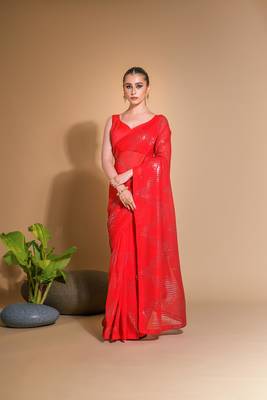 Women's Red Georgette Sequins Embroidered Designer Saree with Blouse 1