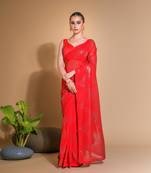 Women's Red Georgette Sequins Embroidered Designer Saree with Blouse
