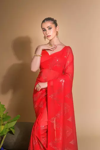 Women's Red Georgette Sequins Embroidered Designer Saree with Blouse
