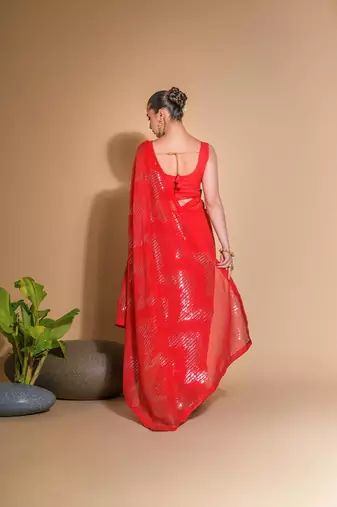 Women's Red Georgette Sequins Embroidered Designer Saree with Blouse