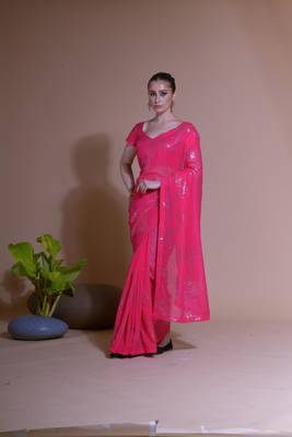 Women's Pink Georgette Sequins Embroidered Designer Saree with Blouse 1