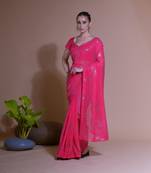 Women's Pink Georgette Sequins Embroidered Designer Saree with Blouse