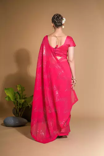 Women's Pink Georgette Sequins Embroidered Designer Saree with Blouse