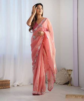 Women's Peach Net Sequins Embroidered Designer Saree with Blouse 1