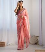 Women's Peach Net Sequins Embroidered Designer Saree with Blouse