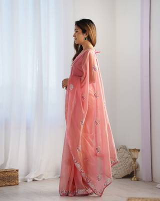 Women's Peach Net Sequins Embroidered Designer Saree with Blouse 2