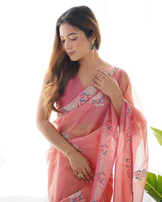 Women's Peach Net Sequins Embroidered Designer Saree with Blouse 3