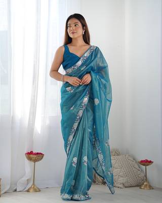 Women's Blue Net Sequins Embroidered Designer Saree with Blouse 1