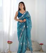 Women's Blue Net Sequins Embroidered Designer Saree with Blouse