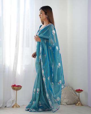 Women's Blue Net Sequins Embroidered Designer Saree with Blouse 2