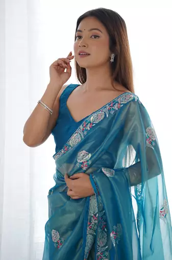 Women's Blue Net Sequins Embroidered Designer Saree with Blouse