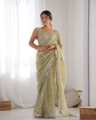 Women's Pista Green Net Sequins Embroidered Designer Saree with Blouse 1