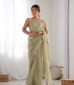 Women's Pista Green Net Sequins Embroidered Designer Saree with Blouse