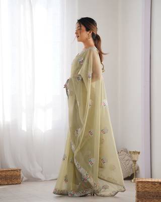 Women's Pista Green Net Sequins Embroidered Designer Saree with Blouse 2