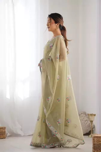 Women's Pista Green Net Sequins Embroidered Designer Saree with Blouse