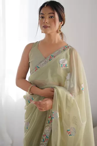 Women's Pista Green Net Sequins Embroidered Designer Saree with Blouse