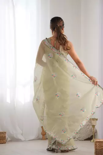 Women's Pista Green Net Sequins Embroidered Designer Saree with Blouse