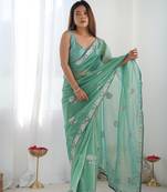 Women's Sea Green Net Sequins Embroidered Designer Saree with Blouse