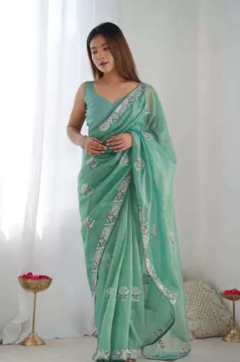 Women's Sea Green Net Sequins Embroidered Designer Saree with Blouse
