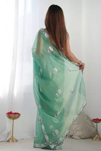Women's Sea Green Net Sequins Embroidered Designer Saree with Blouse