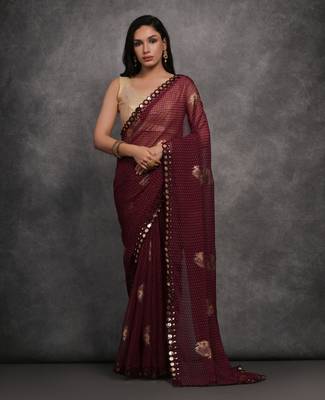 Women's Maroon Chiffon Mirror Work Designer Saree with Blouse 1