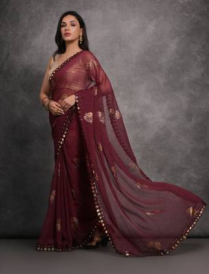 Women's Maroon Chiffon Mirror Work Designer Saree with Blouse 2