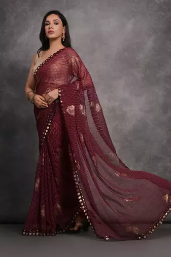 Women's Maroon Chiffon Mirror Work Designer Saree with Blouse