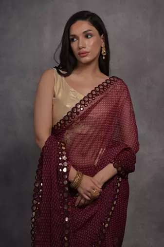 Women's Maroon Chiffon Mirror Work Designer Saree with Blouse