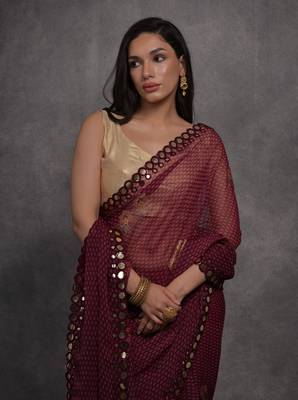 Women's Maroon Chiffon Mirror Work Designer Saree with Blouse 4