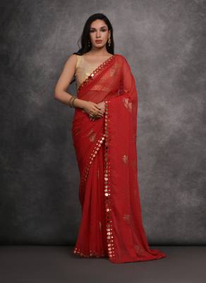 Women's Red Chiffon Mirror Work Designer Saree with Blouse 1