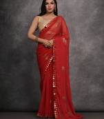 Women's Red Chiffon Mirror Work Designer Saree with Blouse
