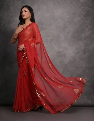 Women's Red Chiffon Mirror Work Designer Saree with Blouse 2